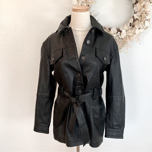 🖤 Nasty Gal Black Real Leather Oversized Tie-Waist Shirt Jacket Shacket - Picture 3 of 13